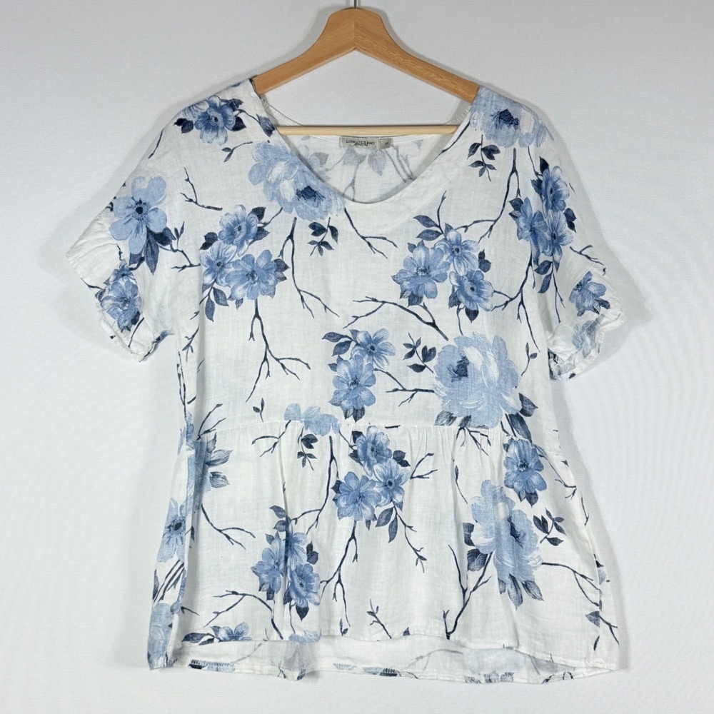 Lungo L'Arno Women Small White Blue Floral Shirt Linen Old Money‎ Parisian Flowy